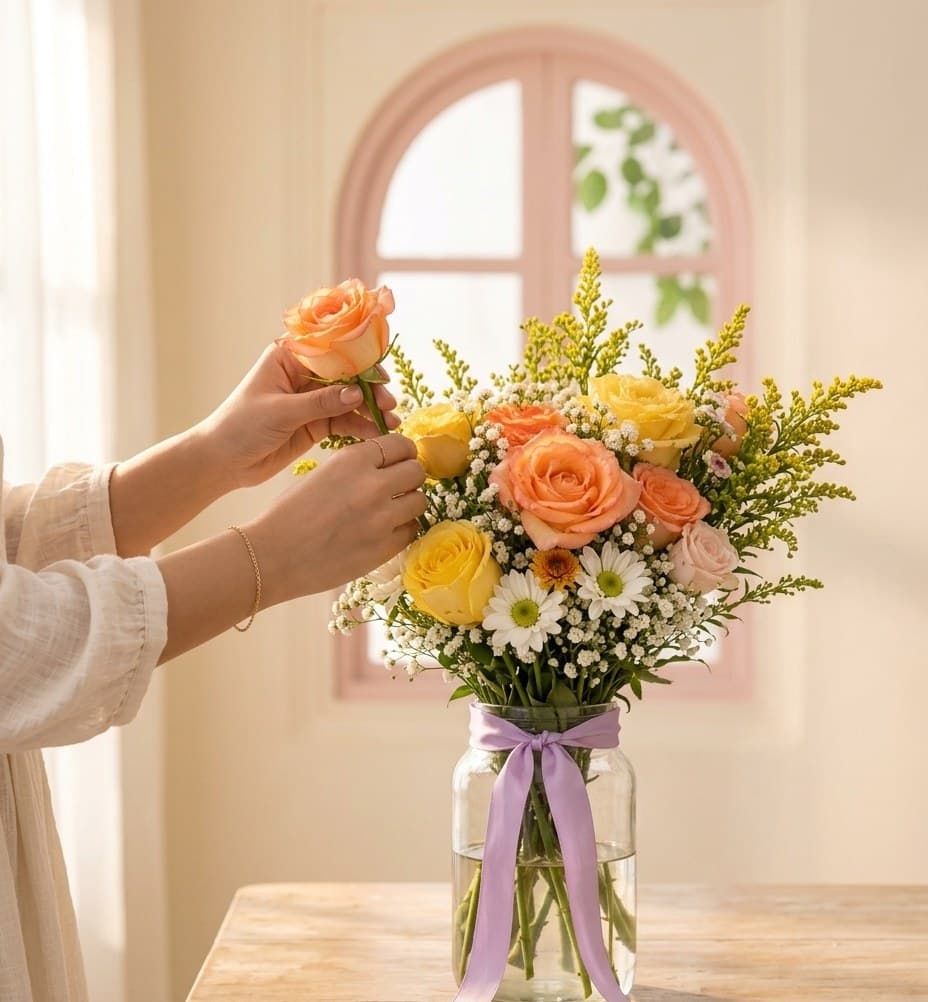 Floral arrangement being crafted