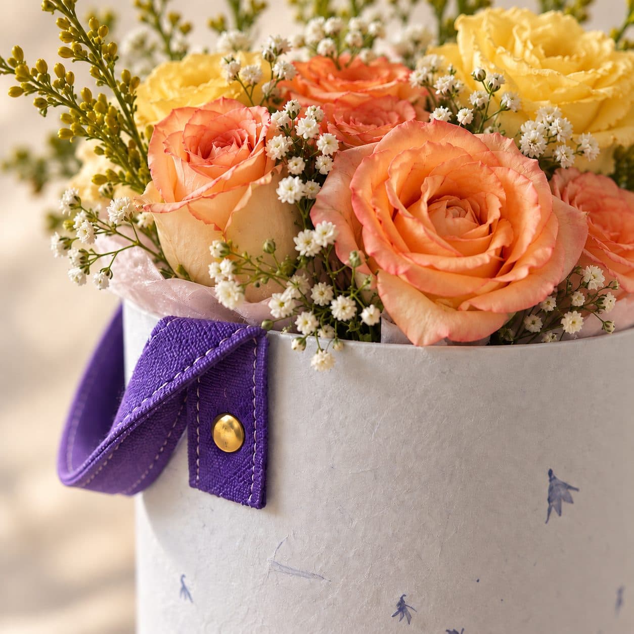 Keepsake Hatbox with peach roses and gypsophila