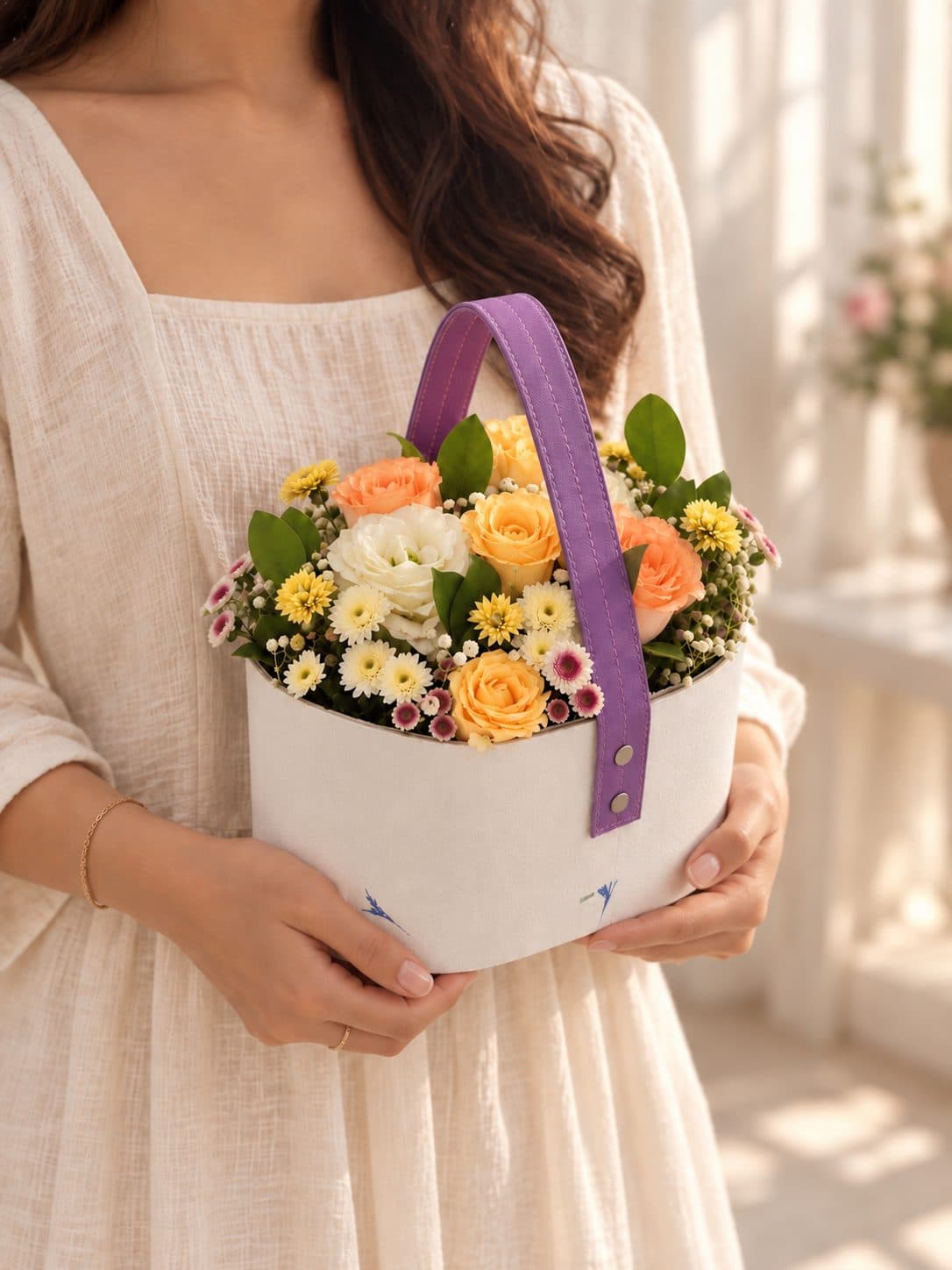 The Petal Tote held close, autumn roses
